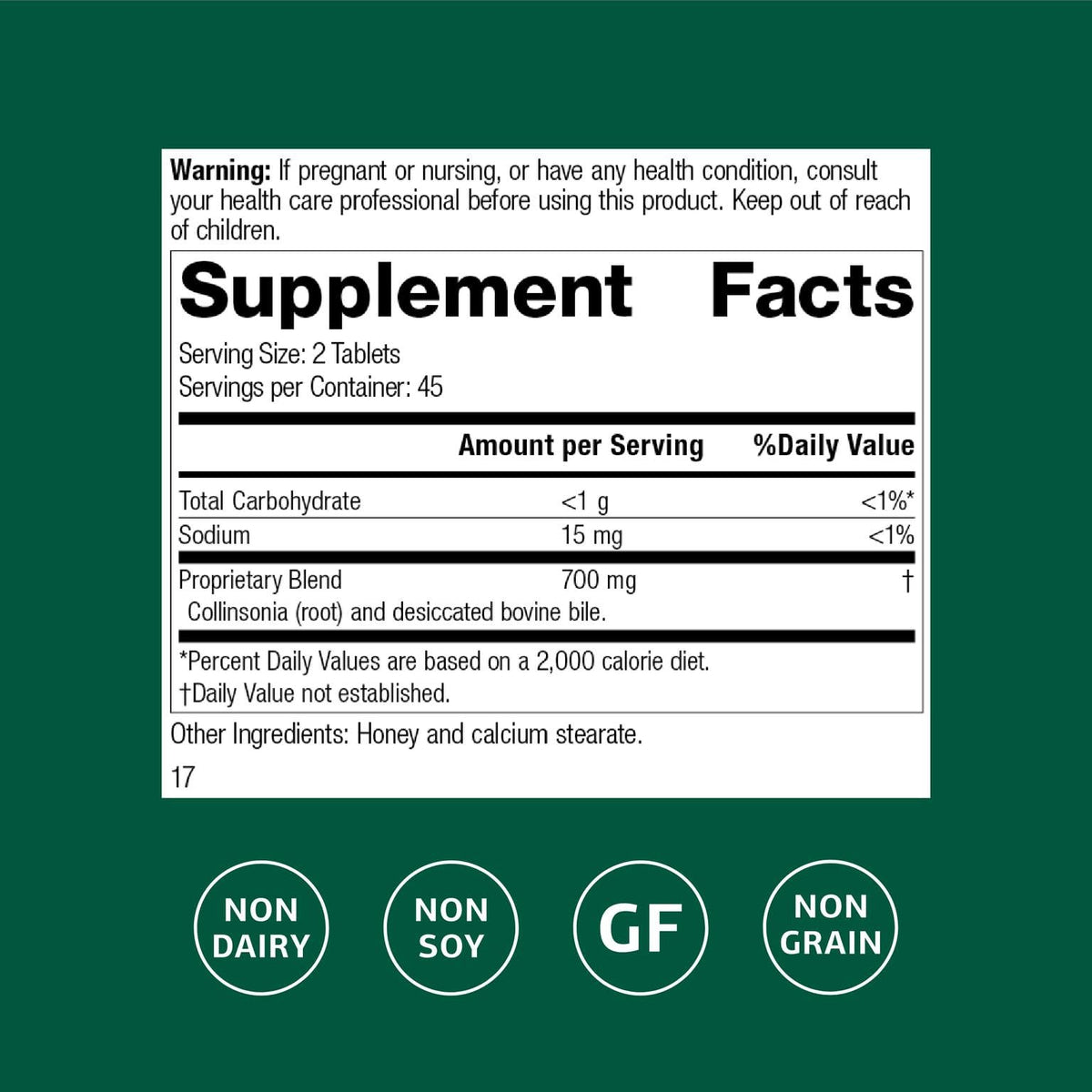 Emballage de Standard Process Cholacol, informations nutritionnelles
