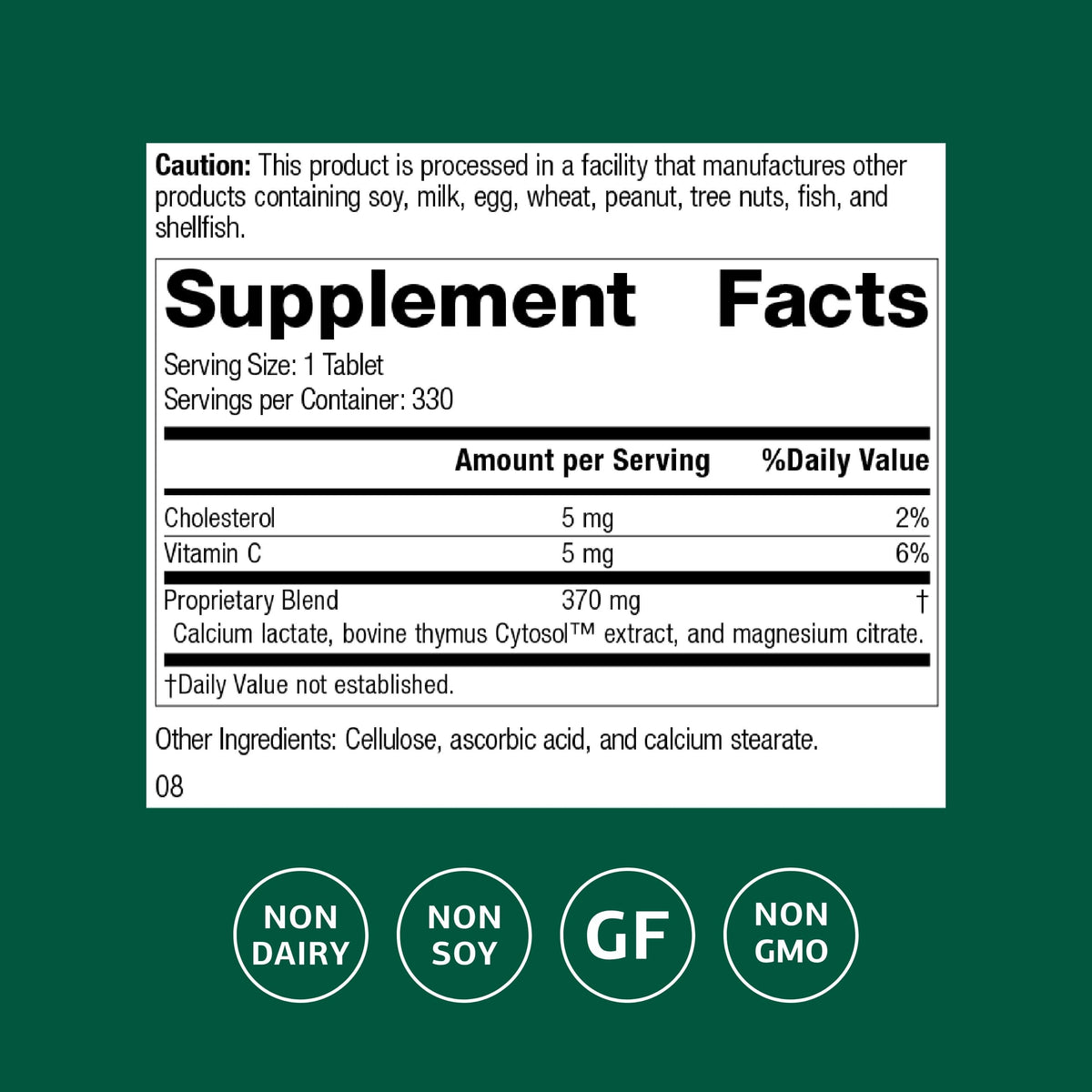 Emballage de Standard Process Thymex avec informations nutritionnelles