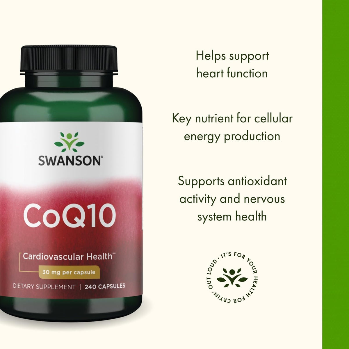 Emballage de Swanson CoQ10 240 capsules avec informations nutritionnelles