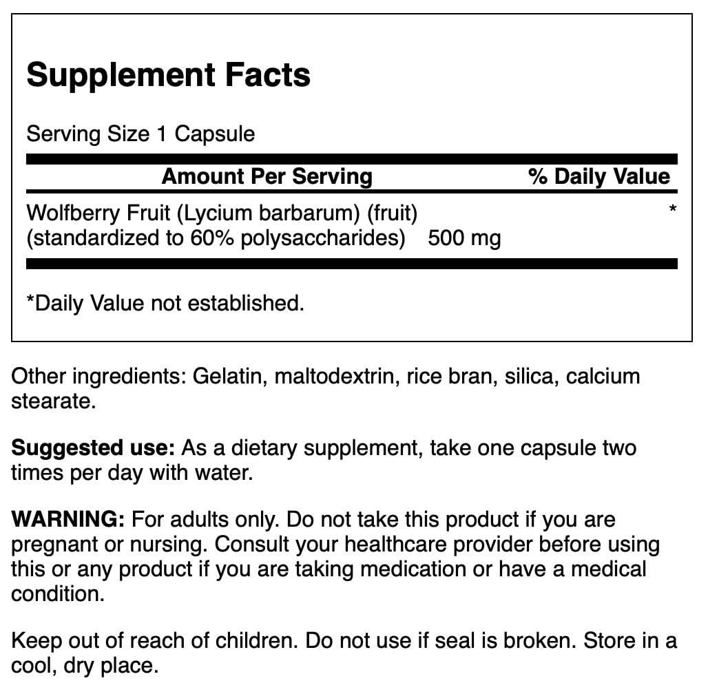 Emballage de Swanson Extrait Standardisé de Baie de Goji 500 mg, vue latérale