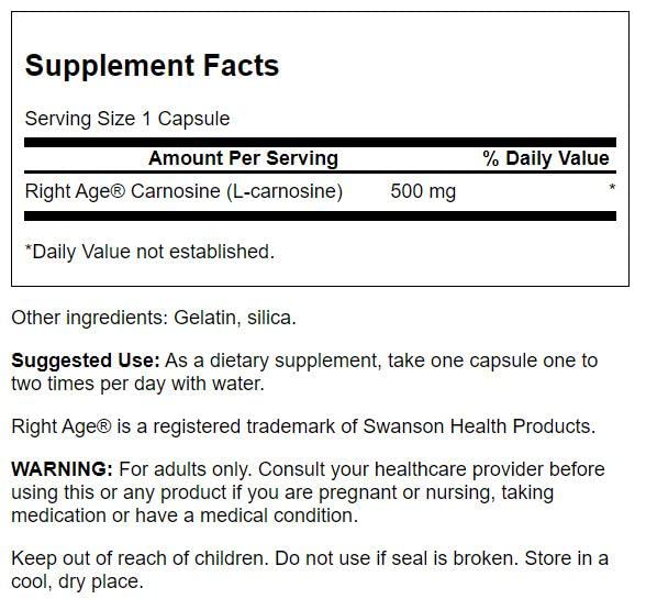 Emballage de Swanson L-Carnosine 500 mg sur fond blanc