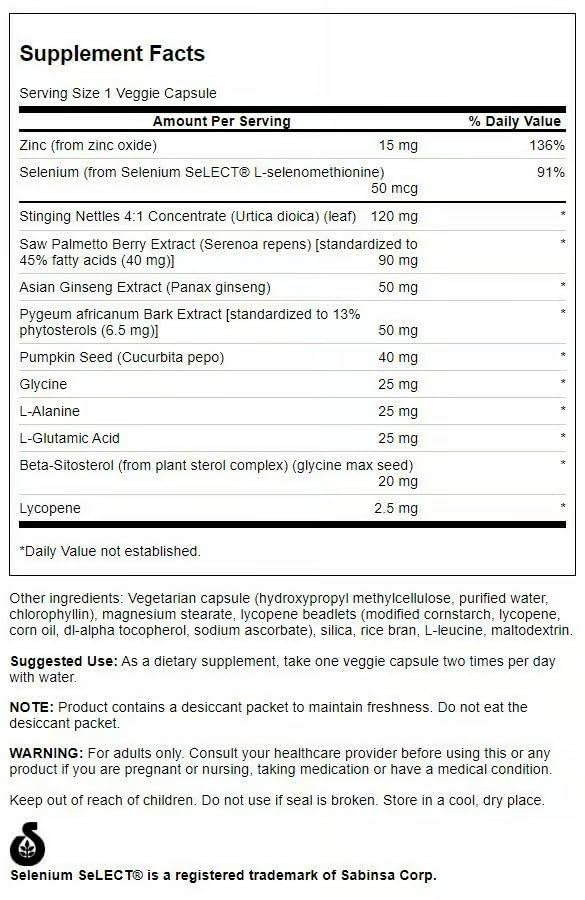 Emballage de Swanson Prostate Essentials Plus 90 Veg Caps