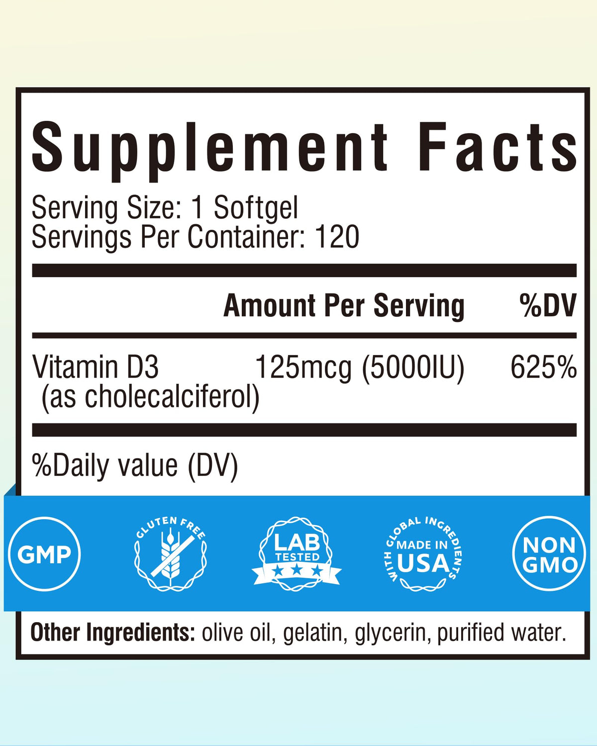 Emballage de Terranics Vitamine D3 5000UI 120 gélules