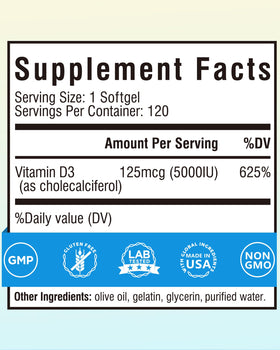 Emballage de Terranics Vitamine D3 5000UI 120 gélules