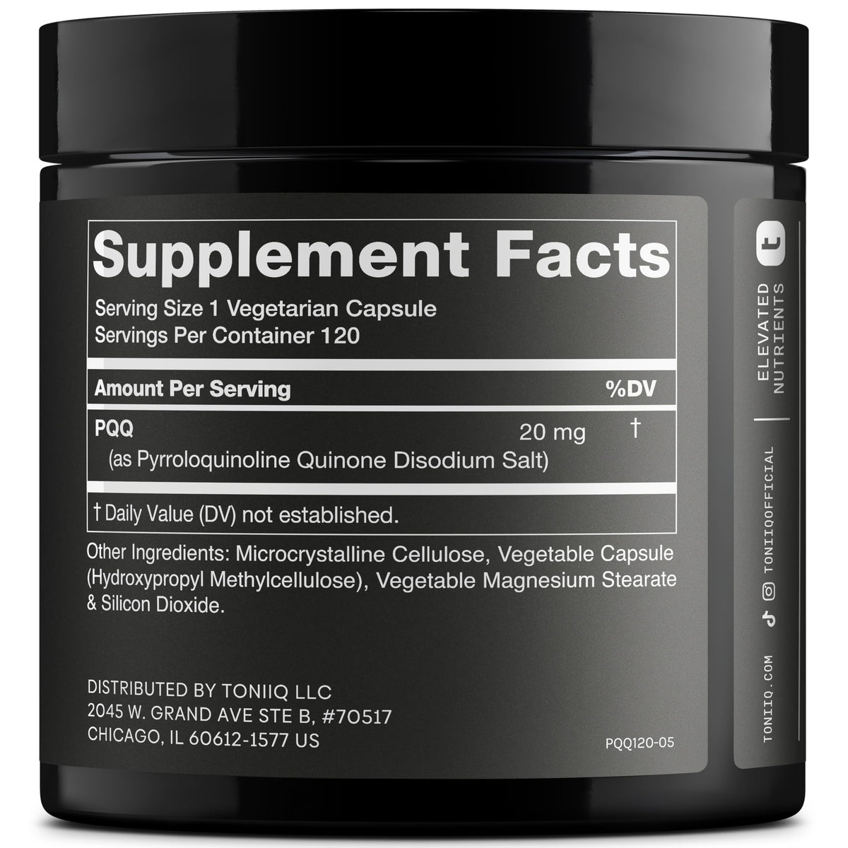 Emballage de Toniiq PQQ 20mg avec détails du produit
