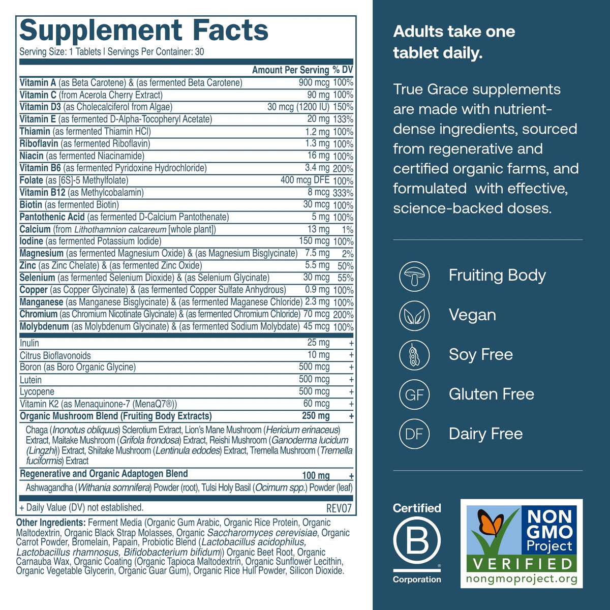 Emballage de True Grace avec les informations nutritionnelles