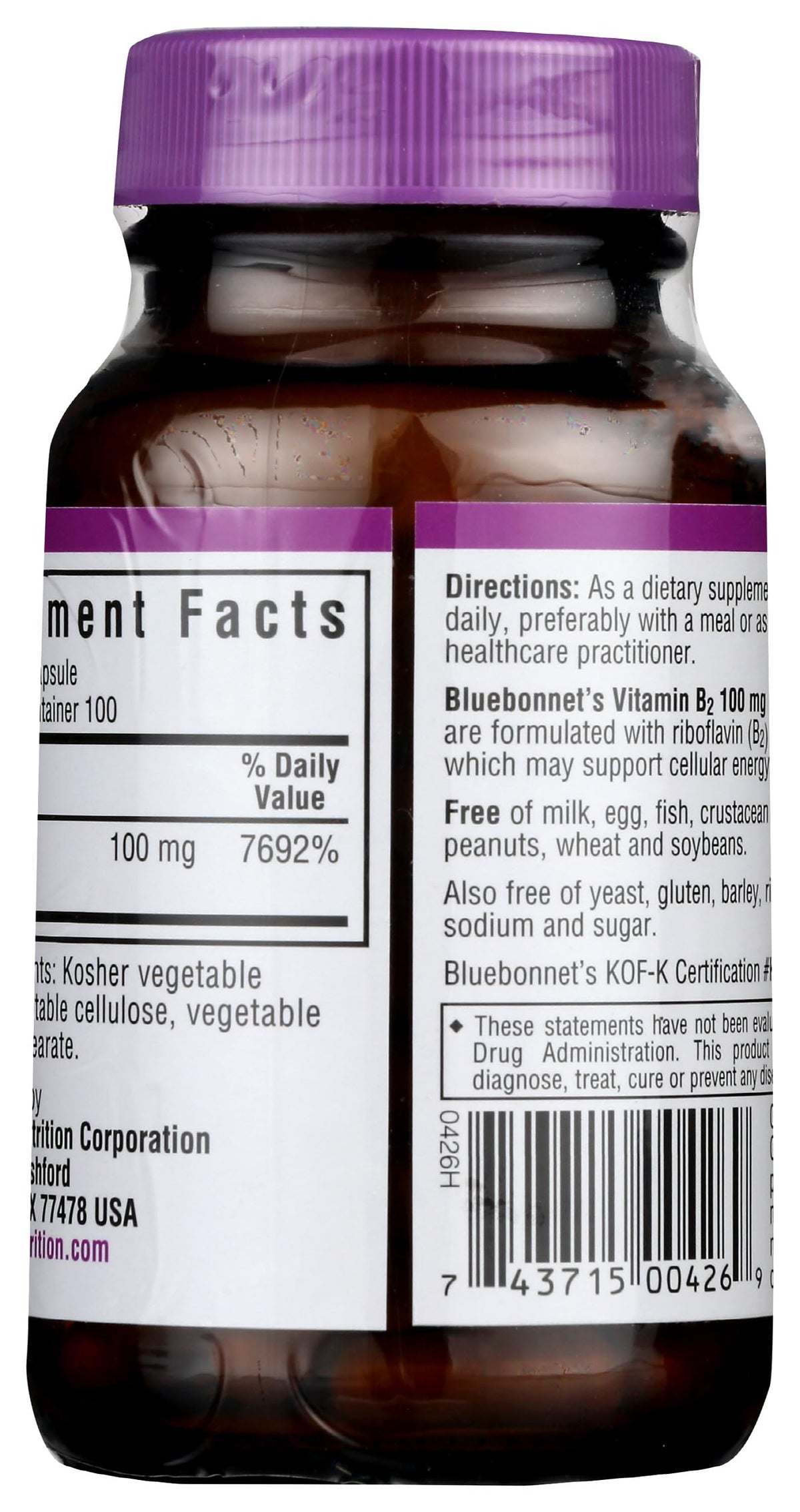 Emballage de Vitamine B2 100 mg BlueBonnet avec informations nutritionnelles