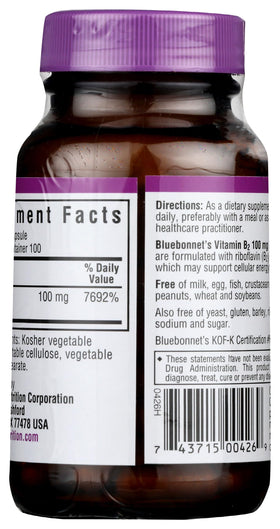 Emballage de Vitamine B2 100 mg BlueBonnet avec informations nutritionnelles