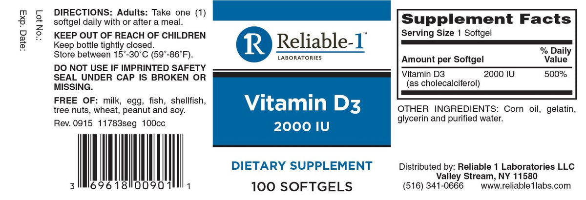 Emballage de Vitamine D3 2000 IU Reliable, vue latérale