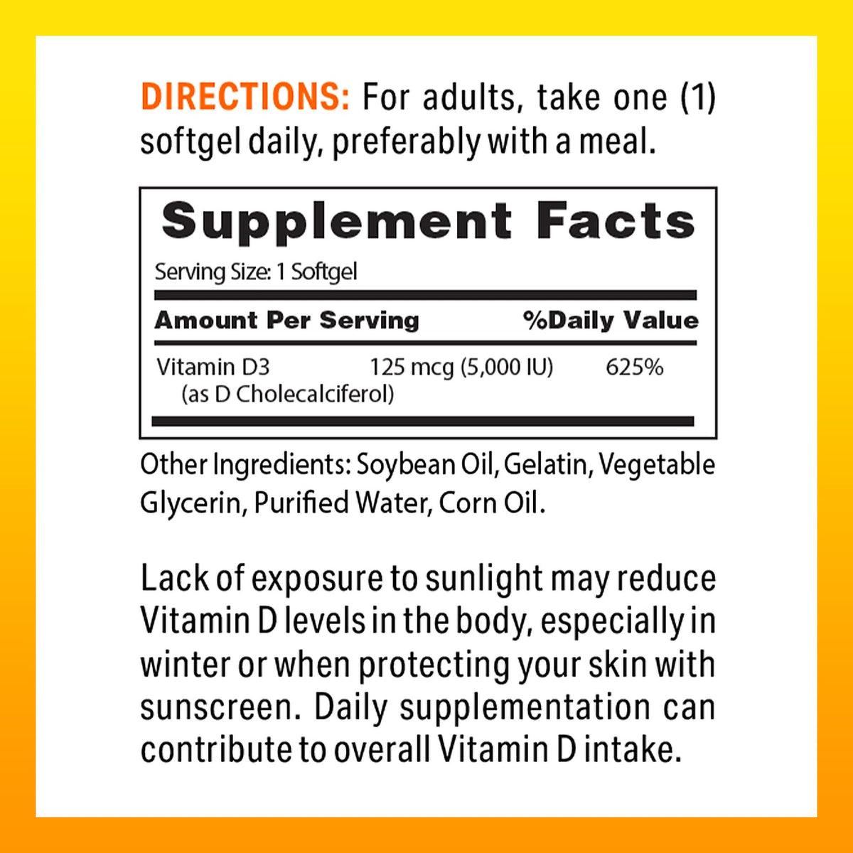 Emballage de Vitamine D3 5000 UI de Vitamin World, vue latérale