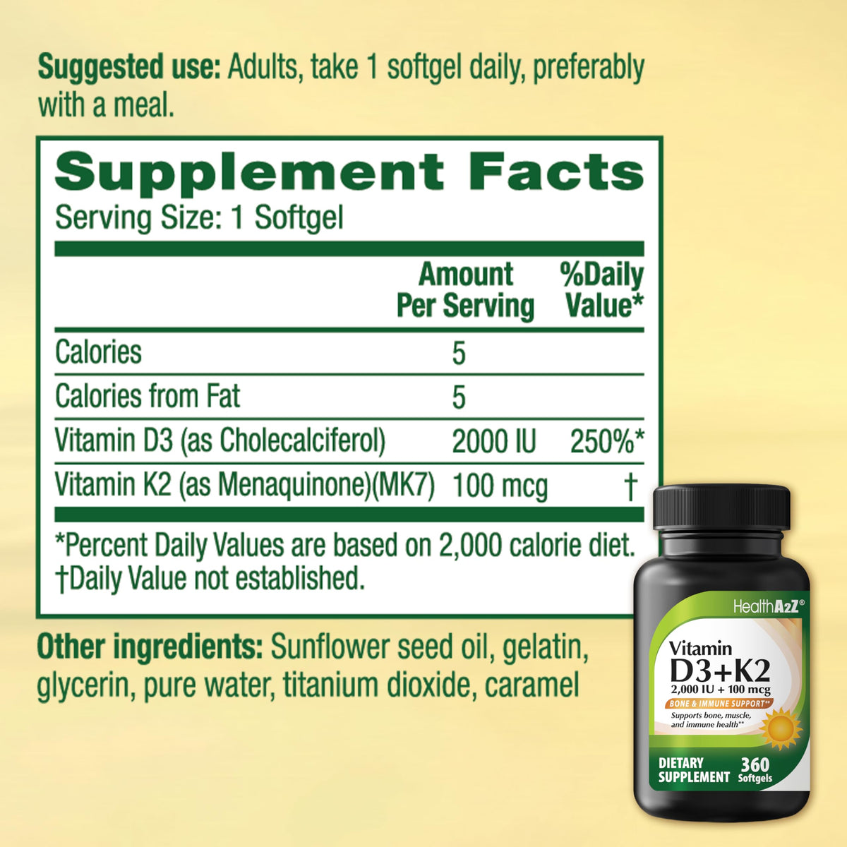 Emballage de Vitamine D3 + K2 HealthA2Z