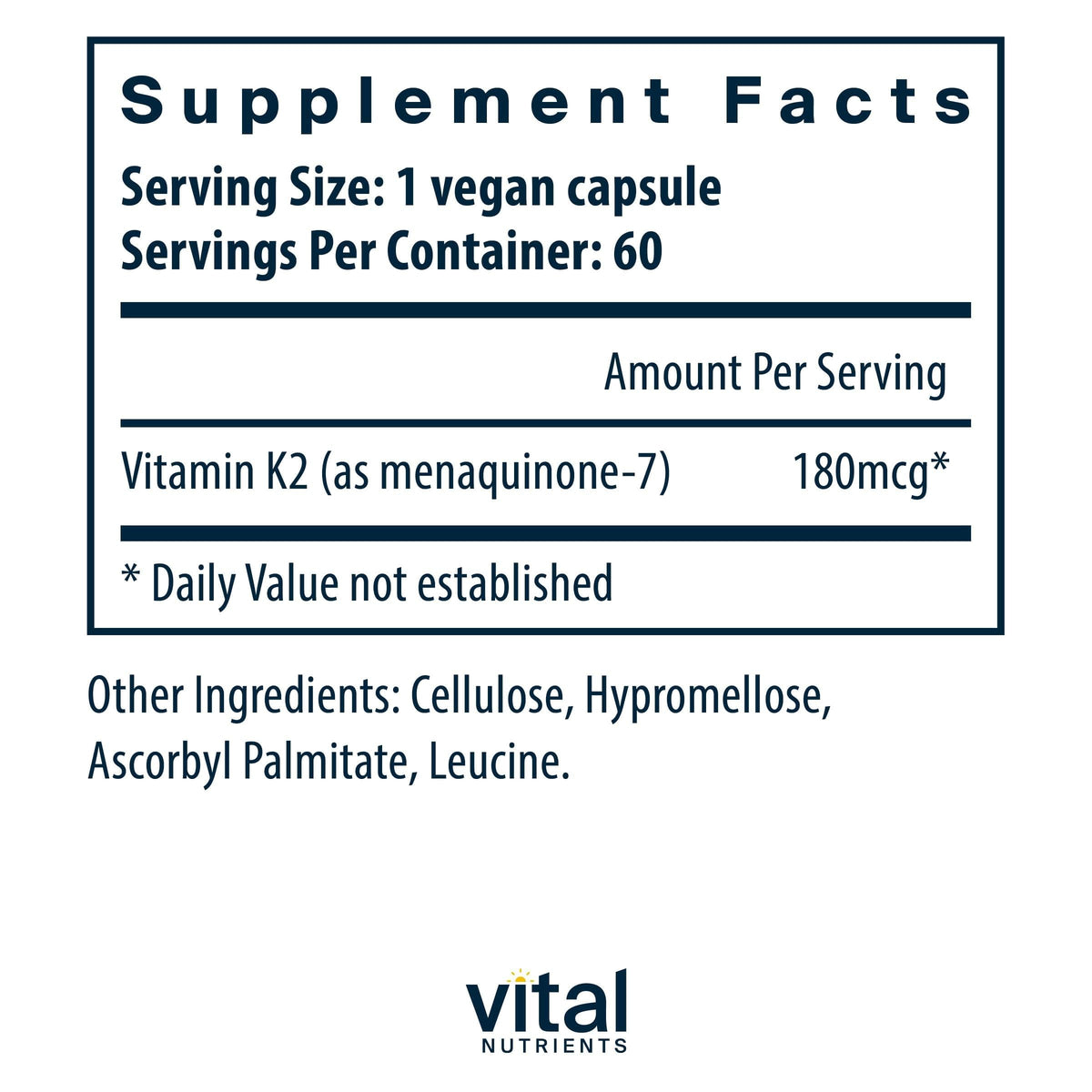 Emballage de Vitamine K2-7 Vital Nutrients avec détails des ingrédients