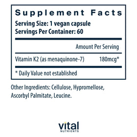Emballage de Vitamine K2-7 Vital Nutrients avec détails des ingrédients