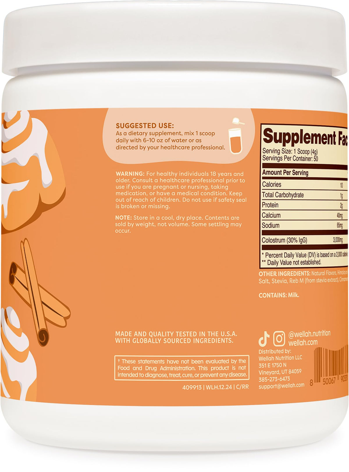 Emballage de Wellah Poudre de Colostrum Saveur Cinnamon Roll