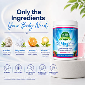 Emballage de Whole Family Naturals CalMag Plus 349g