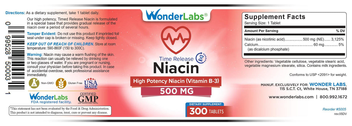 Emballage de Wonder Laboratories Niacine B3 500 mg 300 comprimés