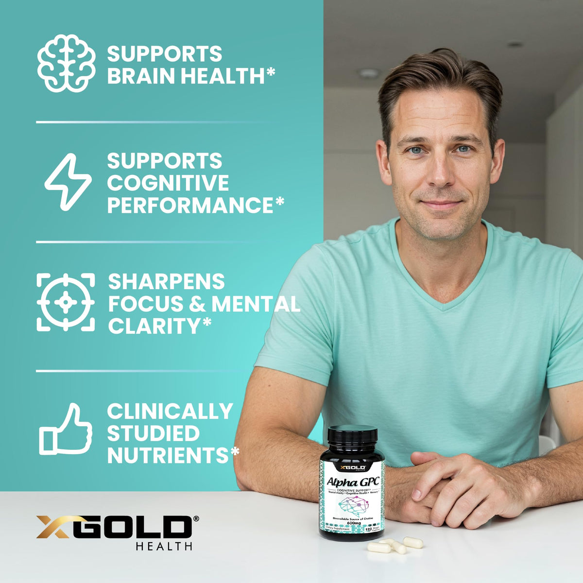 Emballage de X Gold Health Alpha GPC Choline 600mg