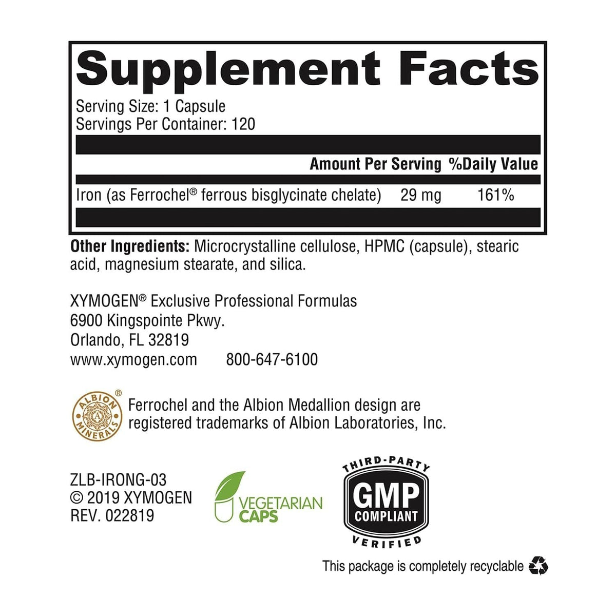 Emballage de XYMOGEN Glycinate de Fer 120 Capsules