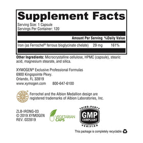 Emballage de XYMOGEN Glycinate de Fer 120 Capsules