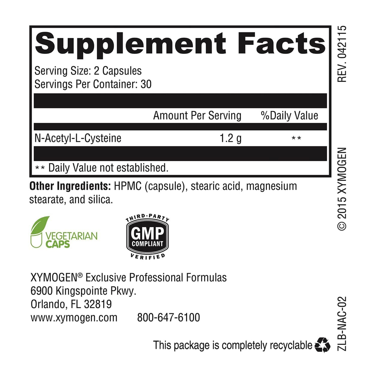 Emballage de XYMOGEN NAC 1200 mg avec capsules