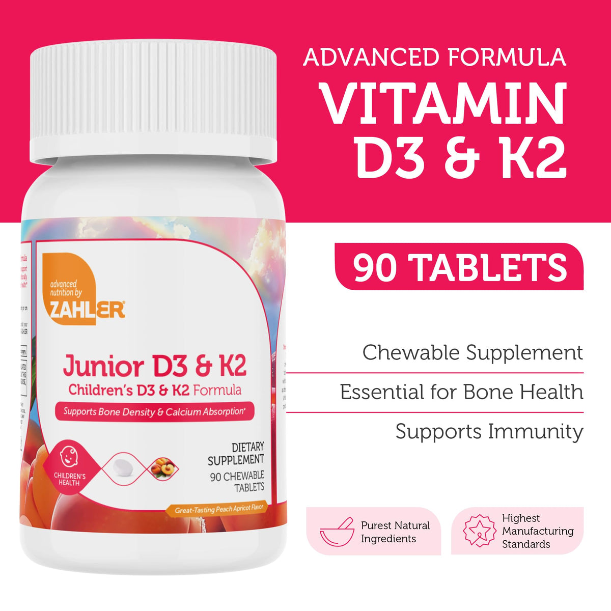 Emballage de Zahler Junior D3 & K2 avec informations nutritionnelles