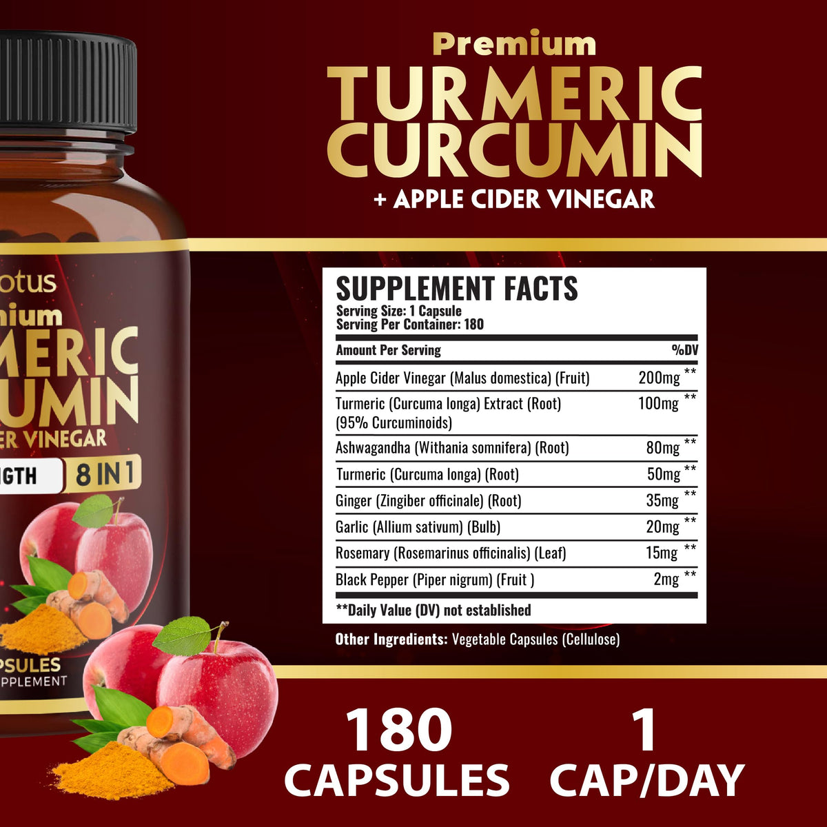 Emballage de Zolotus 7 en 1 Curcuma Vinaigre de Pomme avec 180 gélules