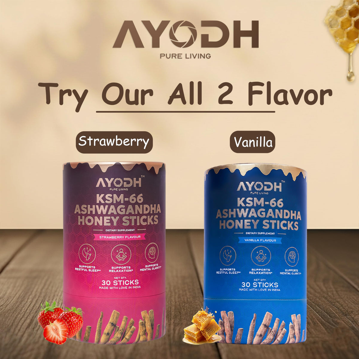 Emballage des bâtonnets de miel Ashwagandha d'AYODH