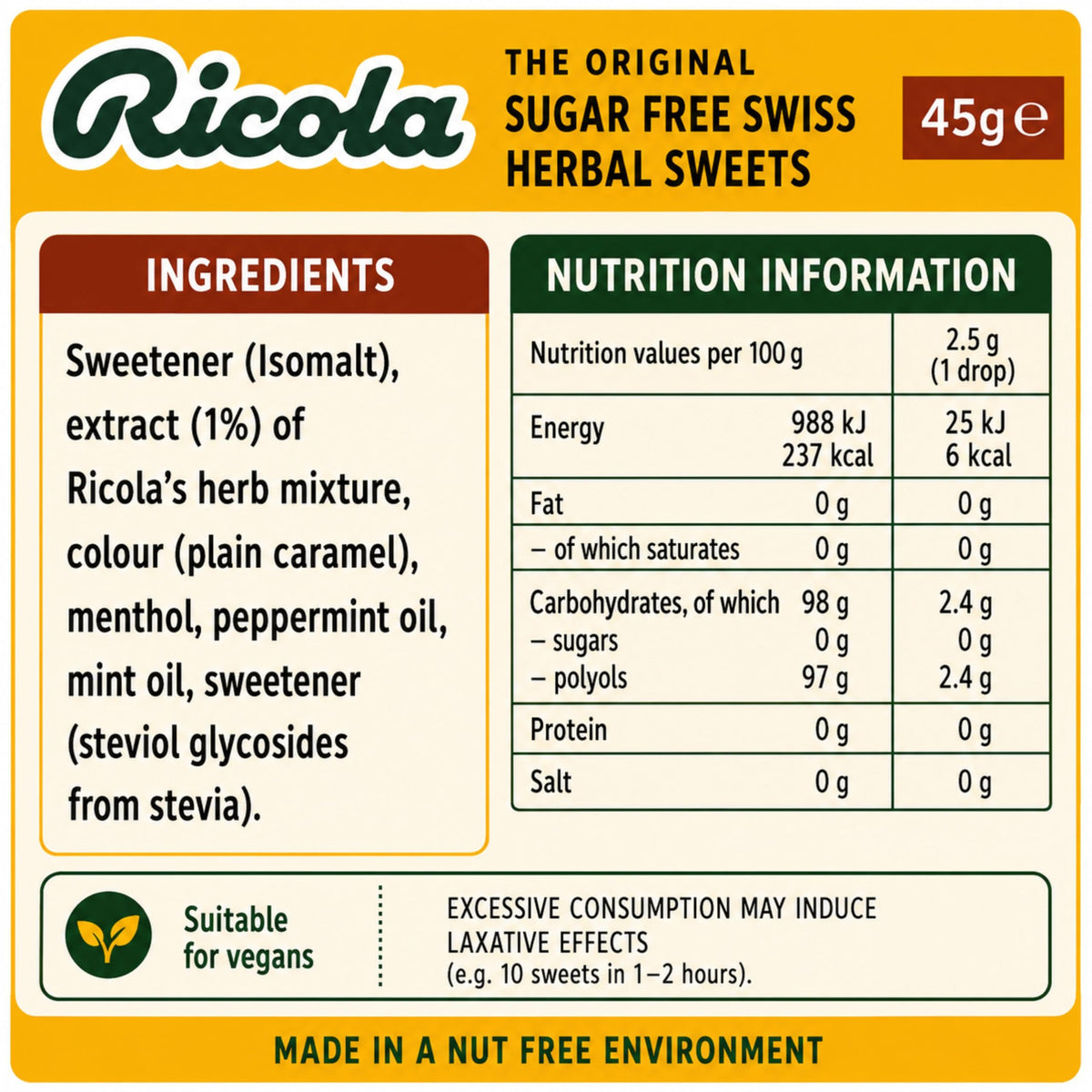 Emballage des bonbons aux herbes Ricola 45 g