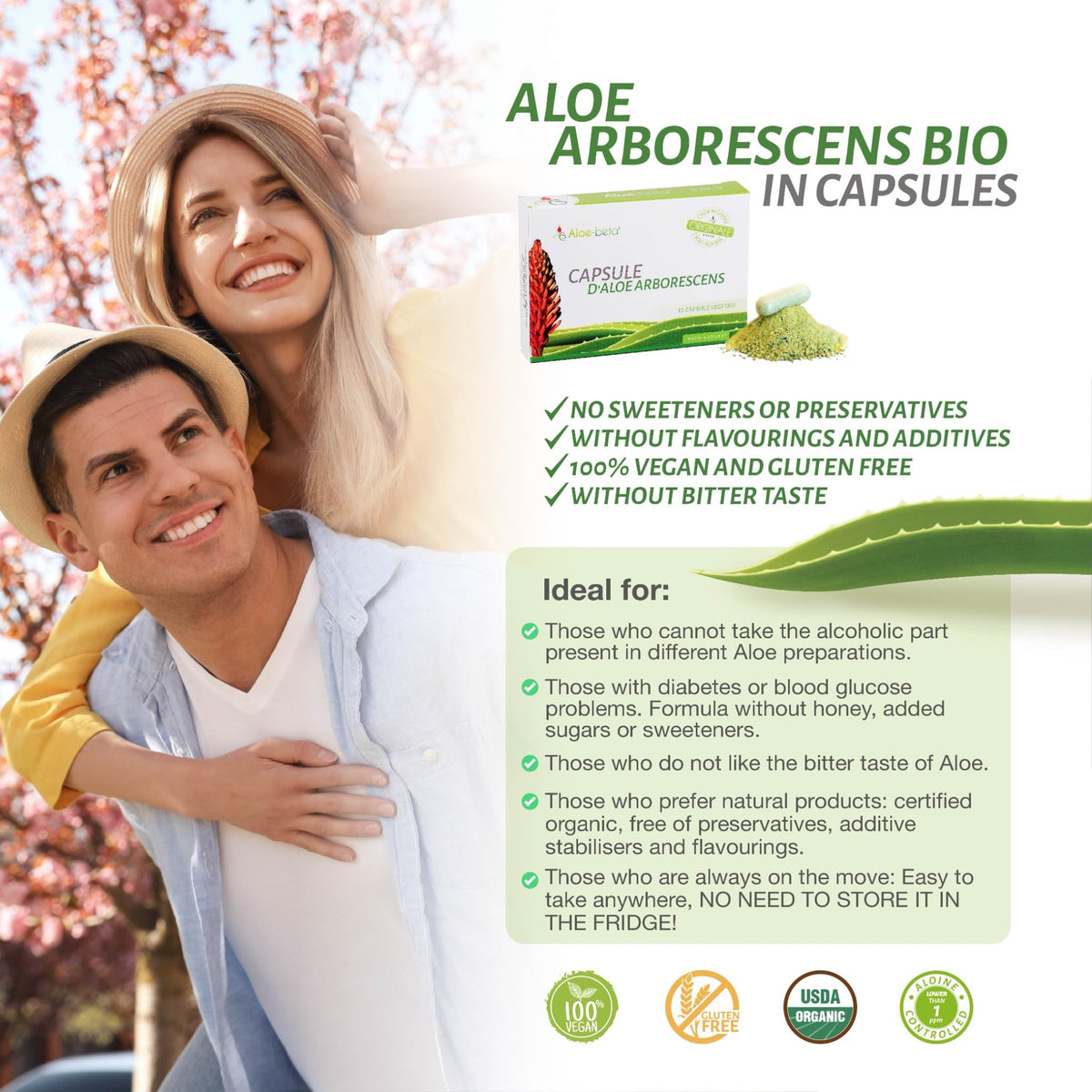 Emballage des capsules Aloe-beta Aloe Arborescens avec informations nutritionnelles