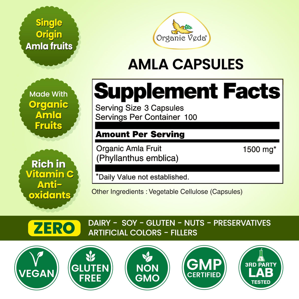 Emballage des capsules d'Amla Organic Veda avec informations nutritionnelles