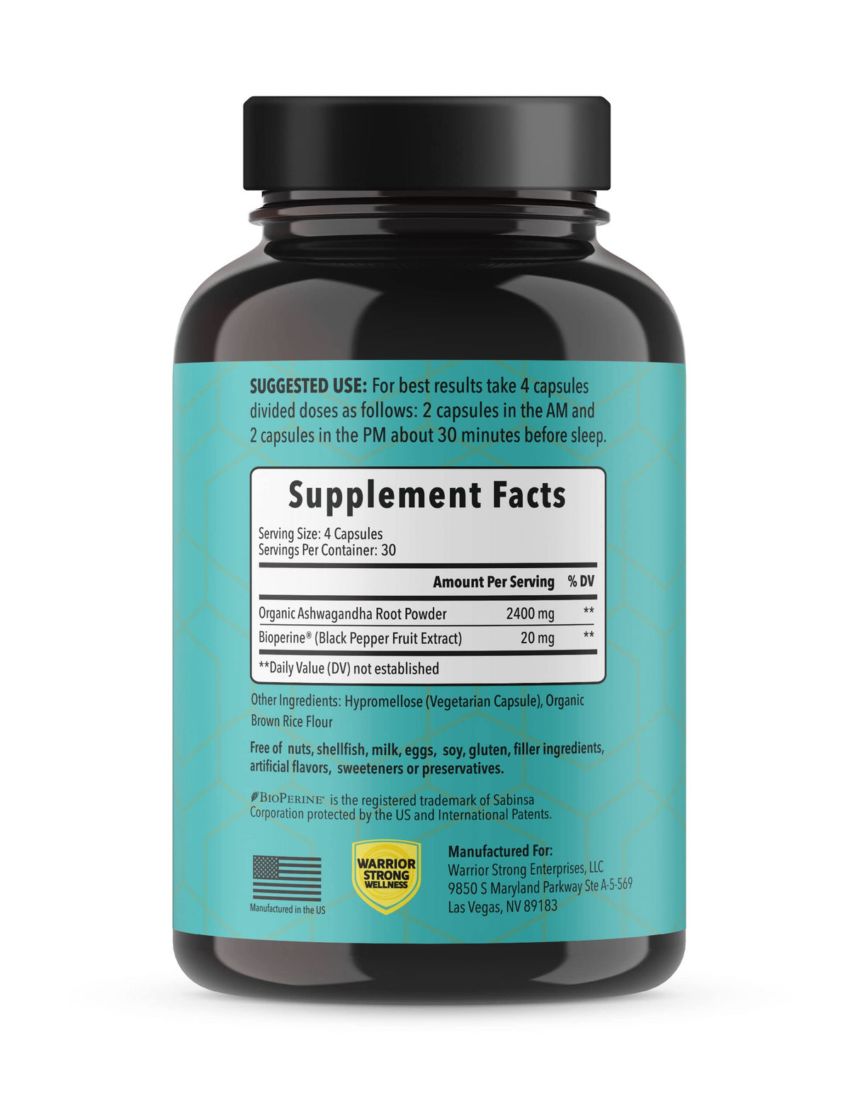 Emballage des capsules d'Ashwagandha bio Warrior Strong Wellness