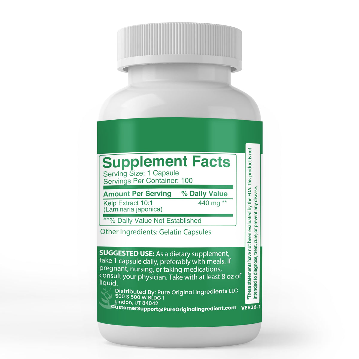 Emballage des capsules d'extrait de Kelp PURE ORIGINAL INGREDIENTS