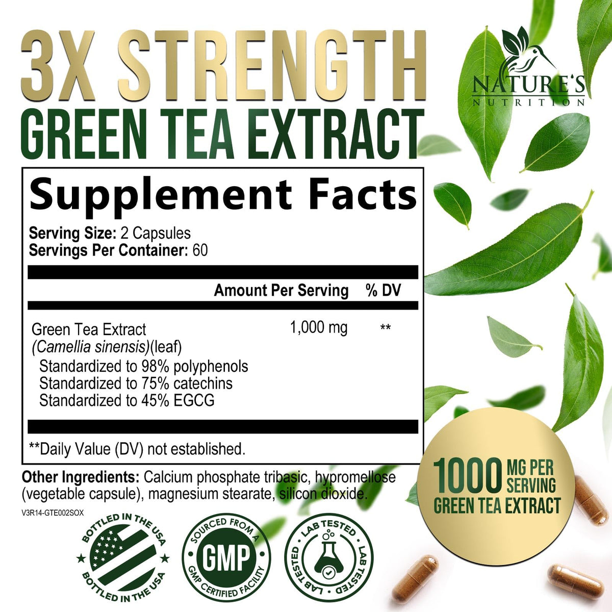 Emballage des capsules d'extrait de thé vert Nature's Nutrition