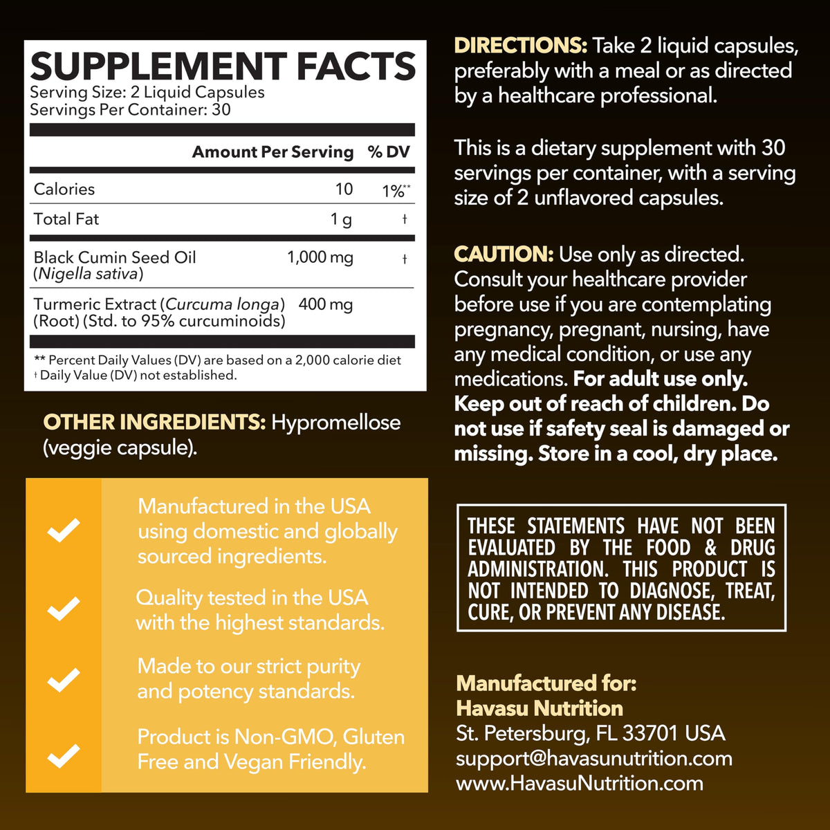 Emballage des capsules d'huile de graines noires et curcuma HAVASU NUTRITION