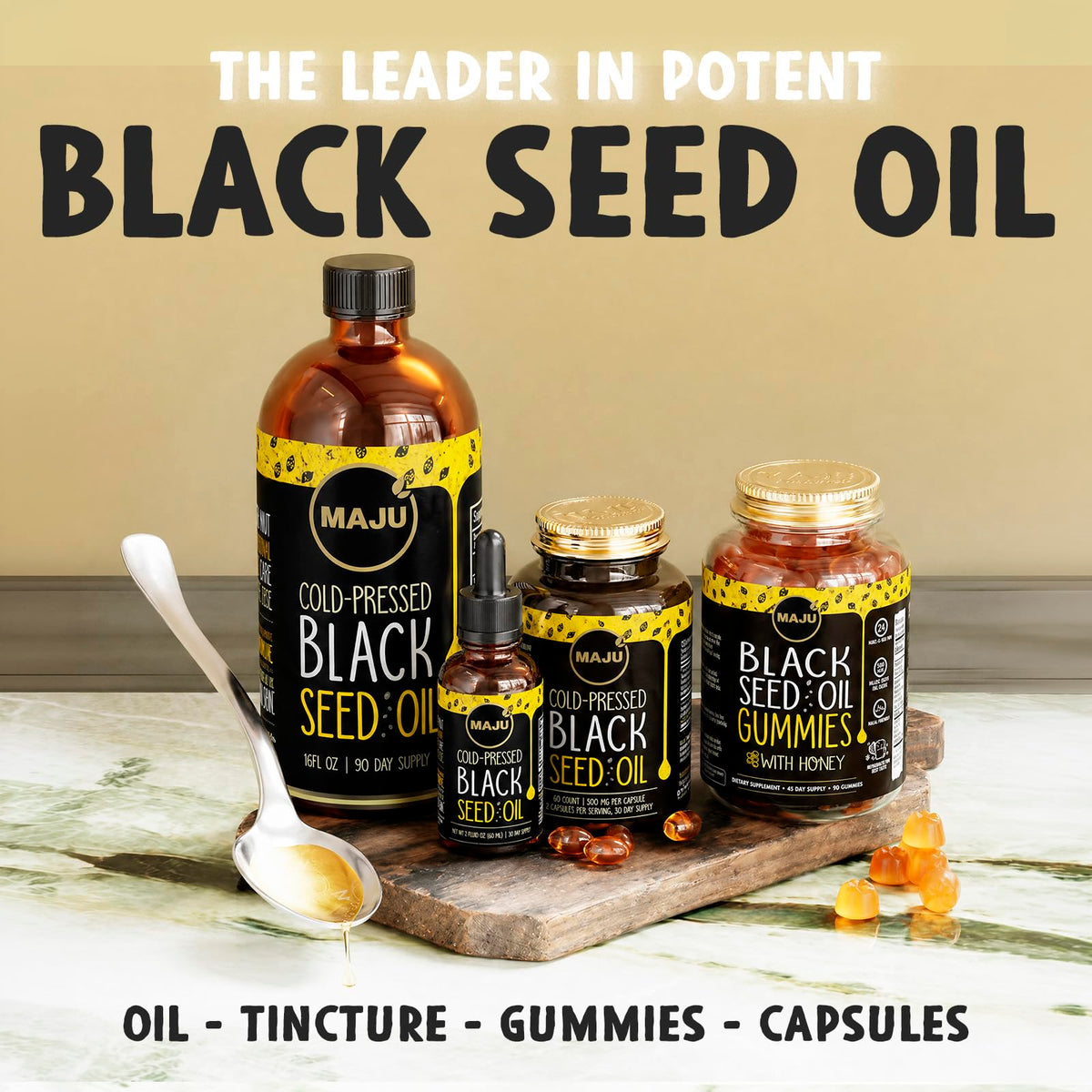 Emballage des capsules d'huile de graines noires Maju Superfoods