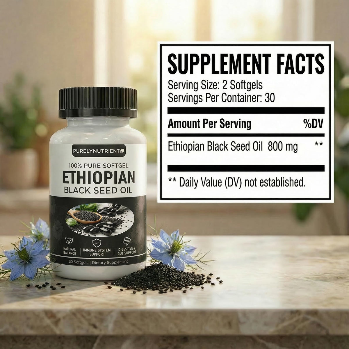 Emballage des capsules d'huile de graines noires PURELYNUTRIENT