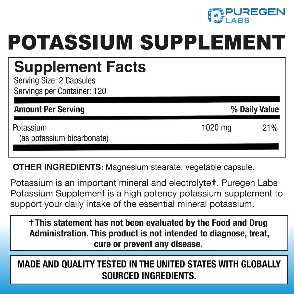 Emballage des capsules de bicarbonate de potassium P Puregen Labs