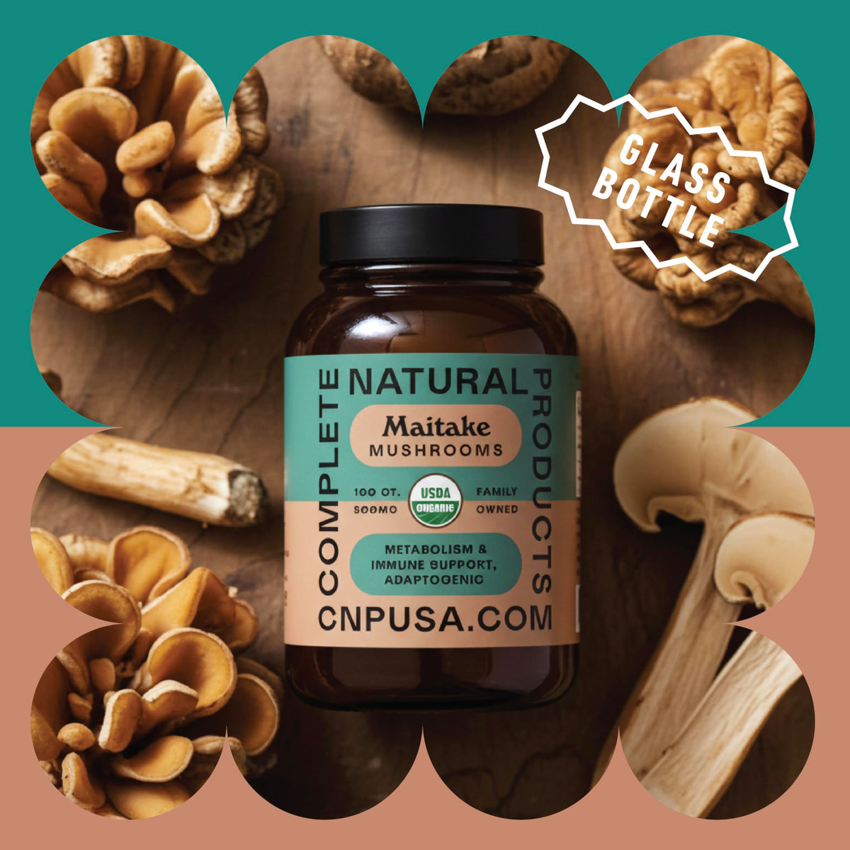 Emballage des capsules de champignon Maitake bio, informations nutritionnelles