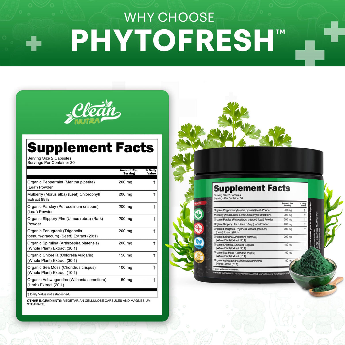 Emballage des capsules de chlorophylle Clean Nutraceuticals