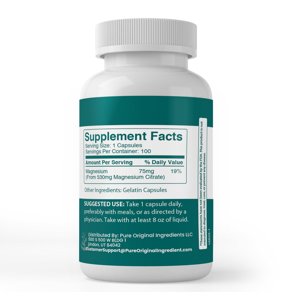 Emballage des capsules de citrate de magnésium PURE ORIGINAL INGREDIENTS
