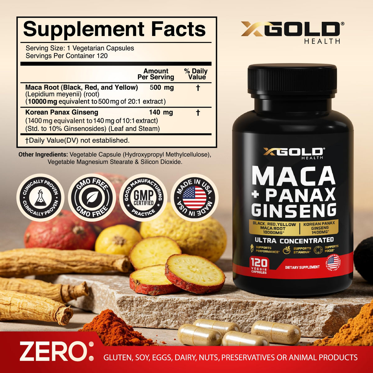Emballage des capsules de Maca et Ginseng X Gold Health
