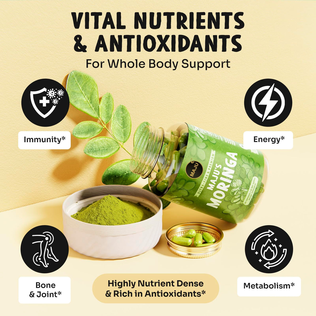 Emballage des capsules de Moringa bio Maju Superfoods