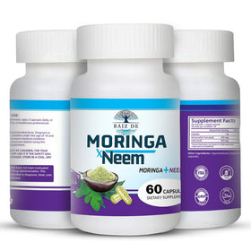Emballage des capsules de neem et moringa bio Raiz DE avec des plantes en arrière-plan
