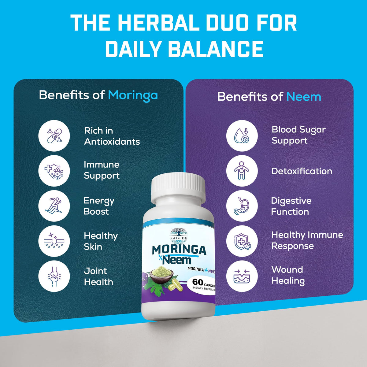 Emballage des capsules de neem et moringa bio Raiz DE, vue de côté