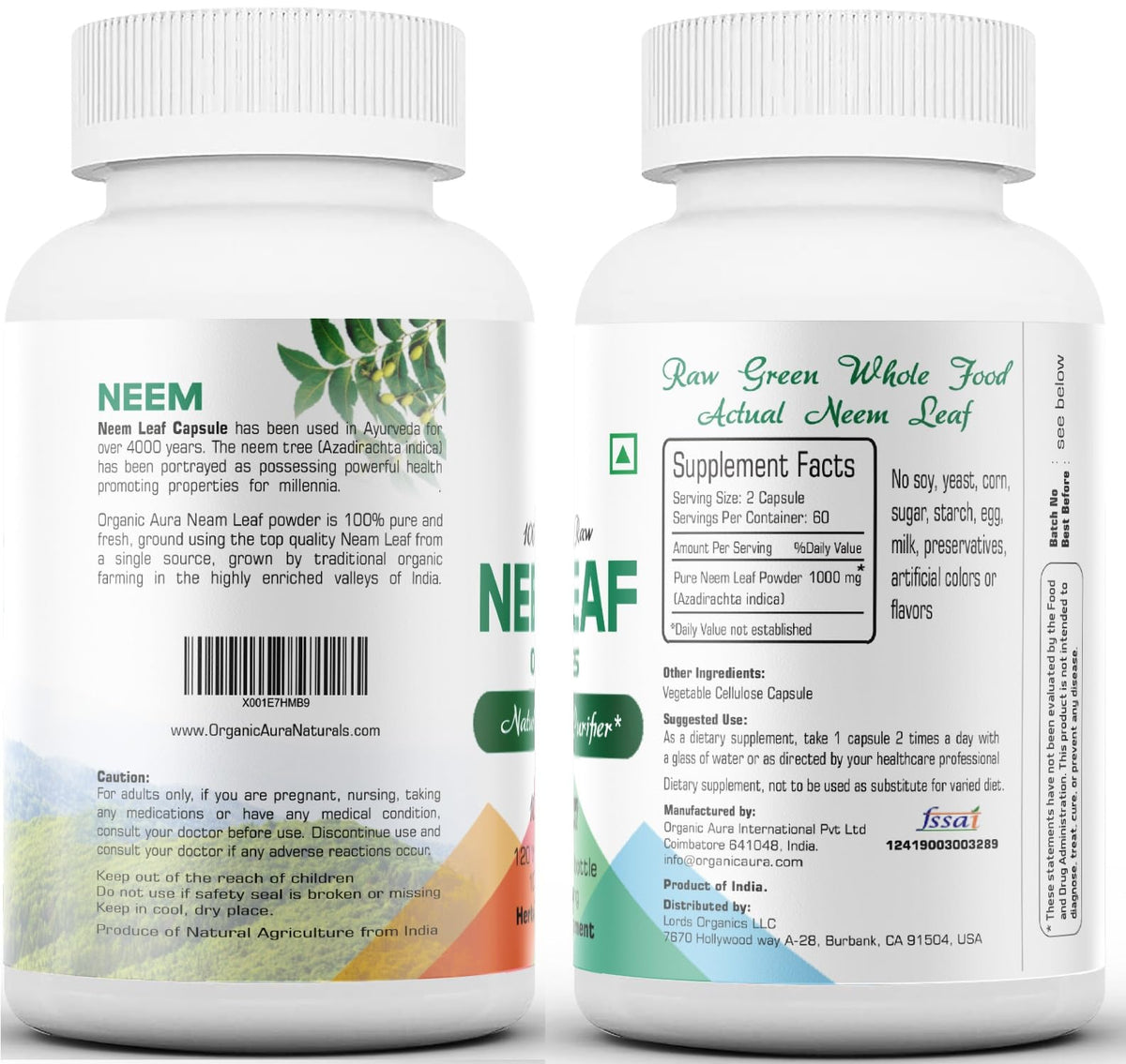 Emballage des capsules de Neem Organic Aura