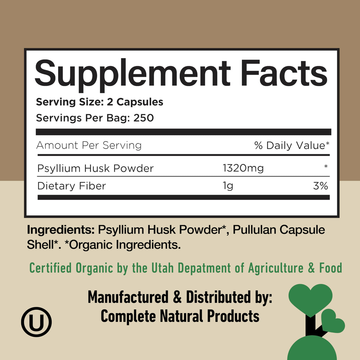 Emballage des capsules de psyllium biologique 500 unités