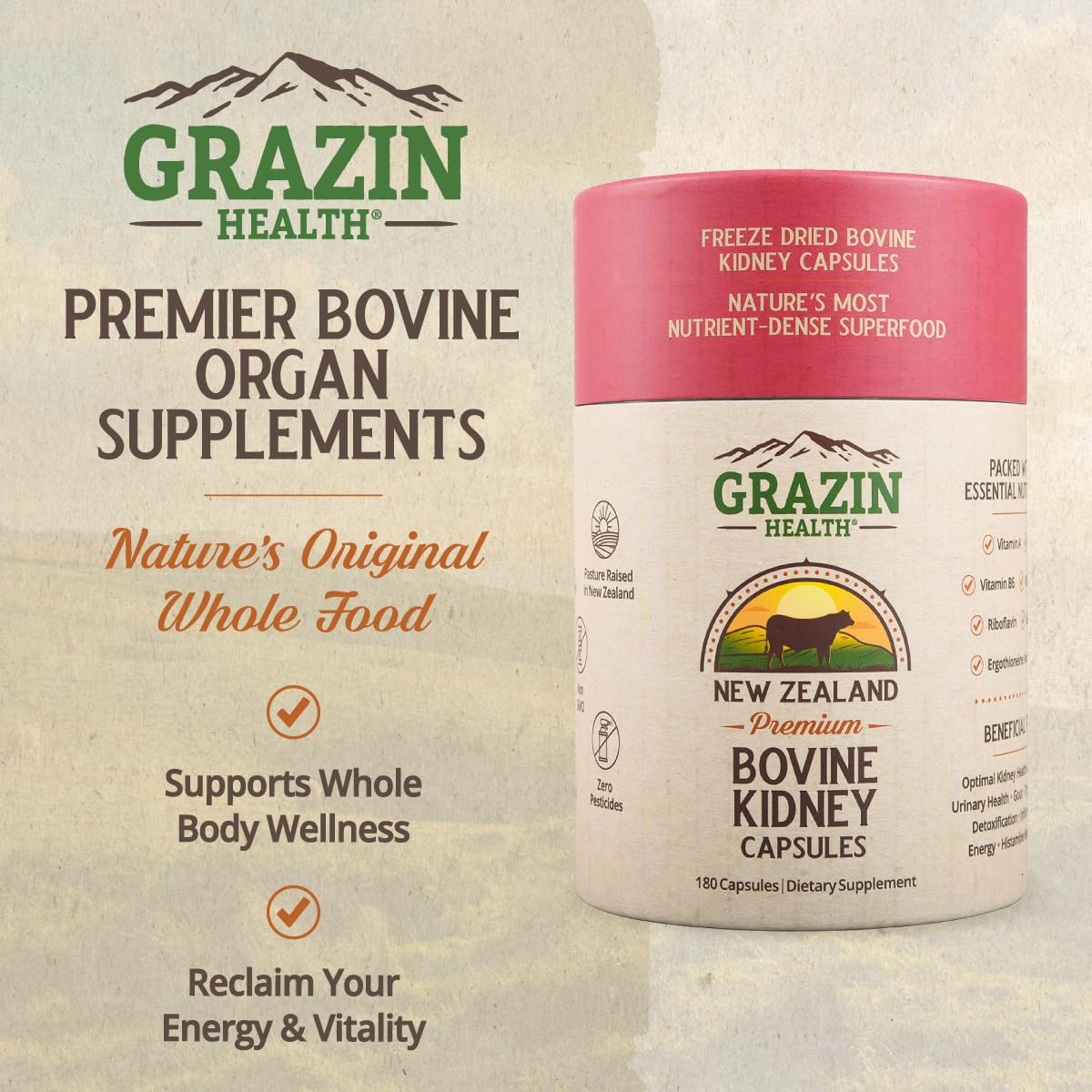 Emballage des capsules de rein bovin GRAZIN HEALTH