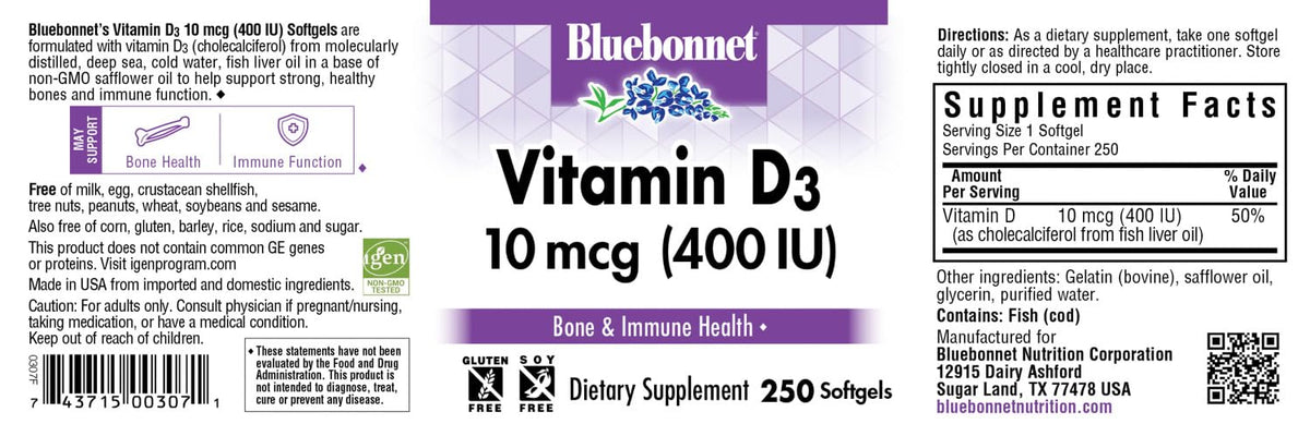 Emballage des Capsules de Vitamine D3 BlueBonnet 250 unités
