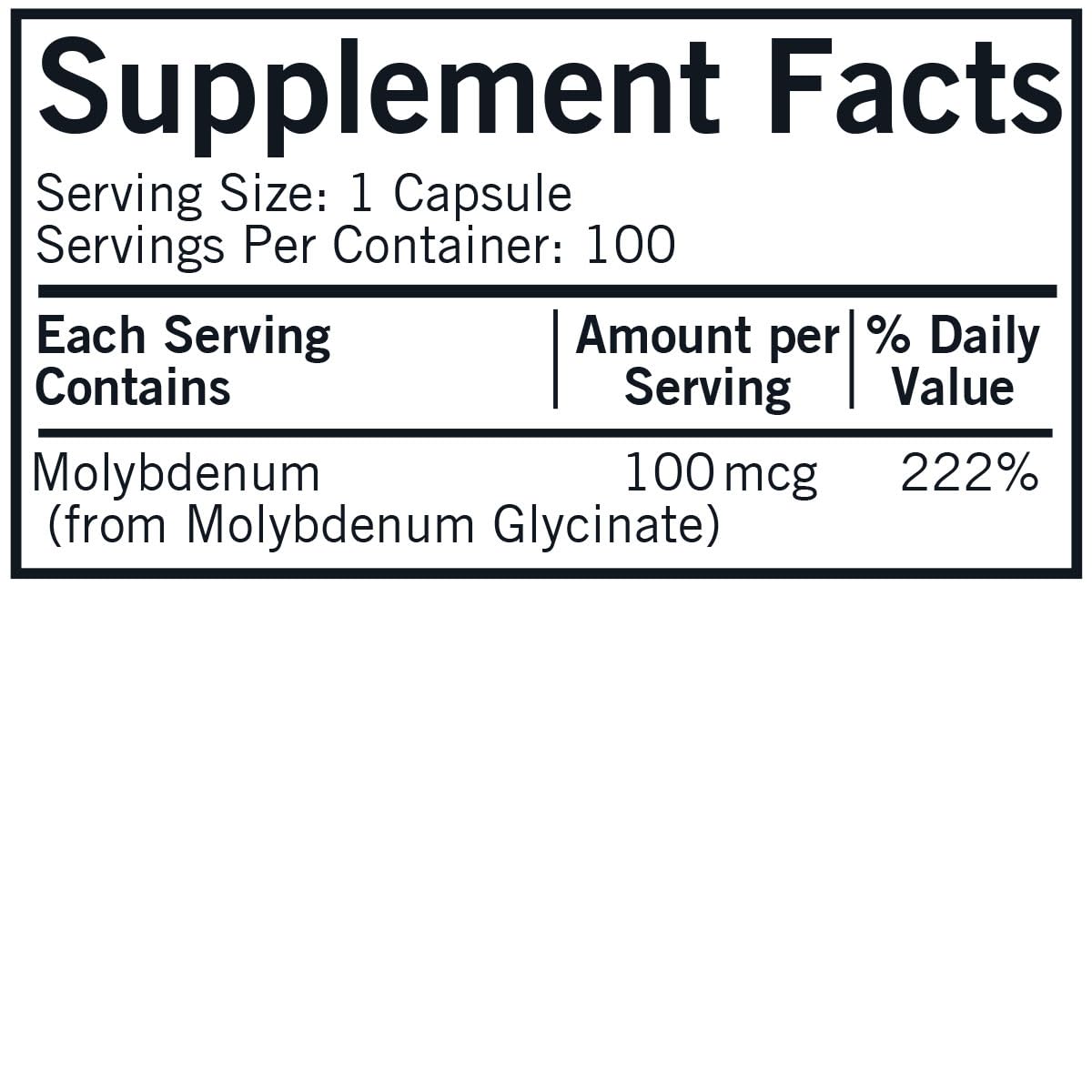Emballage des capsules Kirkman Molybdène 100 mcg