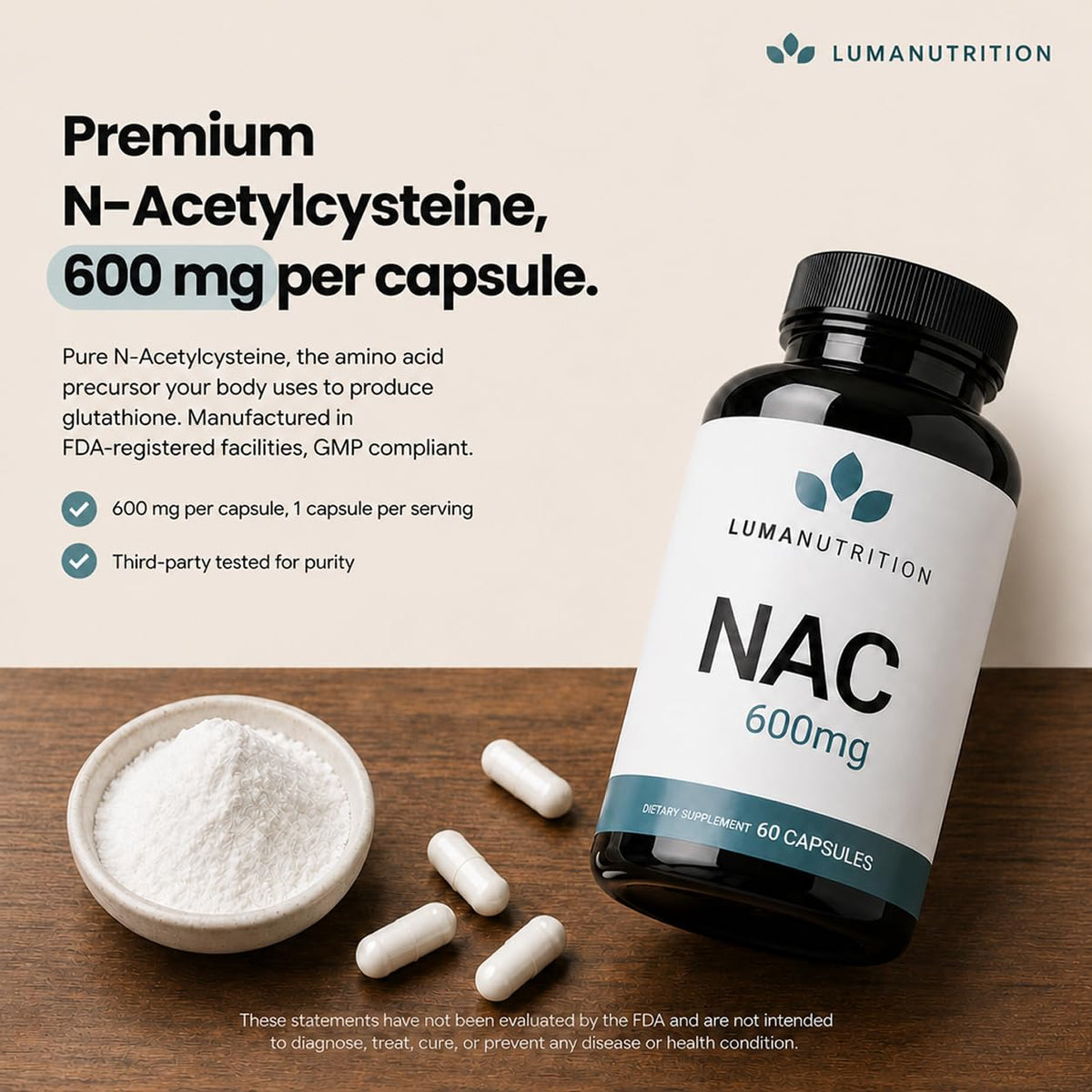 Emballage des capsules Luma Nutrition NAC N-Acétylcystéine 600 mg